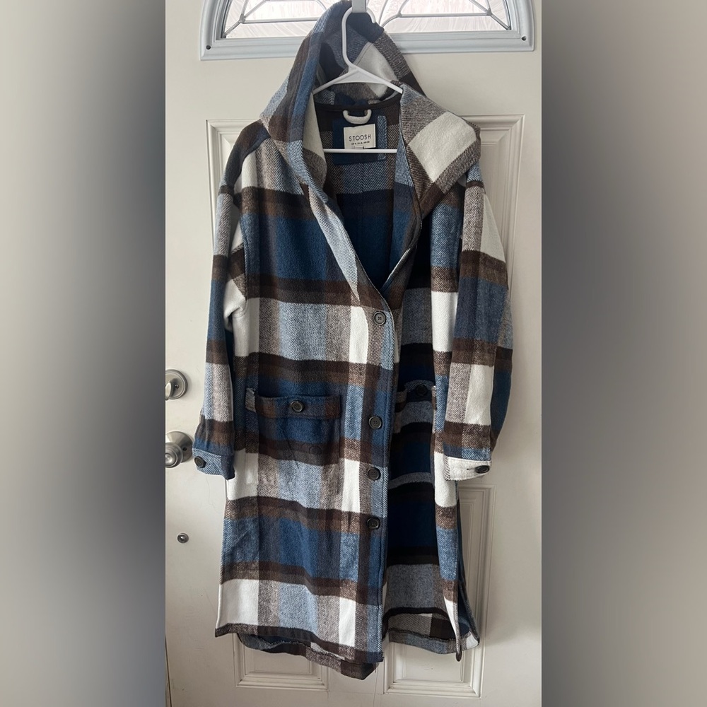 Stoosh Plaid Hooded Coatigan in Blue & Brown